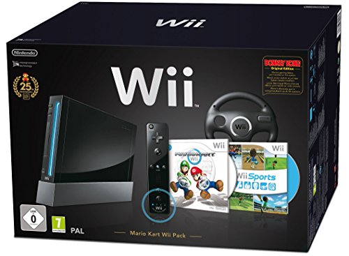 Nintendo Wii Konsole (inkl. Wii Sports, Mario Kart, Wii Lenkrad, Remote Plus) - Schwarz